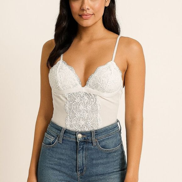 Kathy White Lace Padded One Piece Bodysuit S/M Criss Cross Spaghetti Straps - Picture 1 of 7